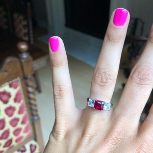 VINTAGE 14 karat white gold, ruby and CZ ring